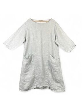 FLAX L Woven Linen Pockets 3/4 Sleeve Dress Lagenlook Cottagecore Oversized Gray